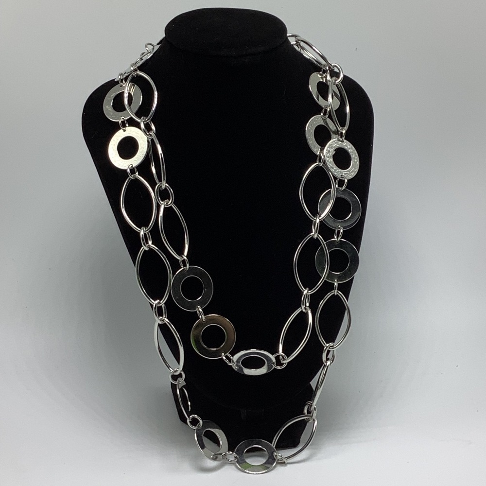 Lia Sophia Revel Silver Tone Oval & Circle‎ Link Necklace Long Adjustable